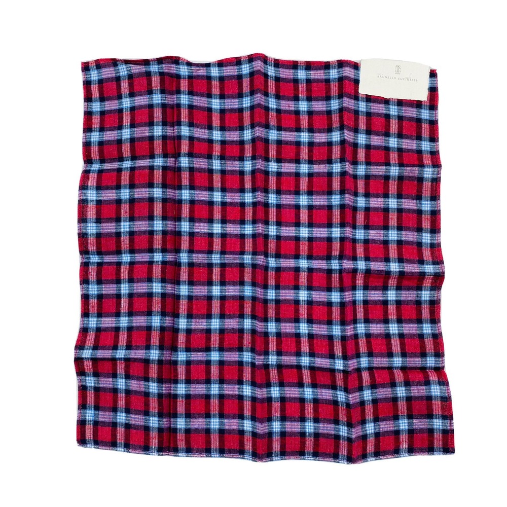 Brunello Cucinelli Pure Linen Red Blue Checked Pocket Square NWT